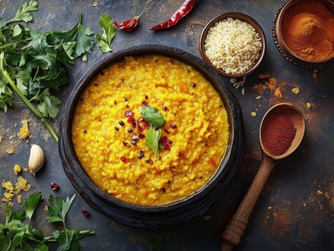 Traditional Indian khichdi with rice, lentils, and vegetables. Featuring a comforting and nutritious dish. Highlighting the texture and flavors of the khichdi. Ideal for food and cultural themes.