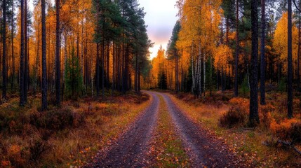 Fototapeta premium Autumnal forest path sunset; fall foliage, nature scene, peaceful road; ideal for travel, nature, and autumn themes