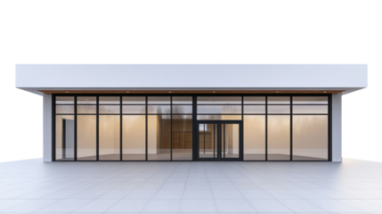 Modern supermarket facade with large windows and clean design, inviting atmosphere on transparent background