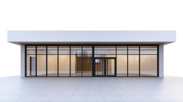 Modern supermarket facade with large windows and clean design, inviting atmosphere on transparent background