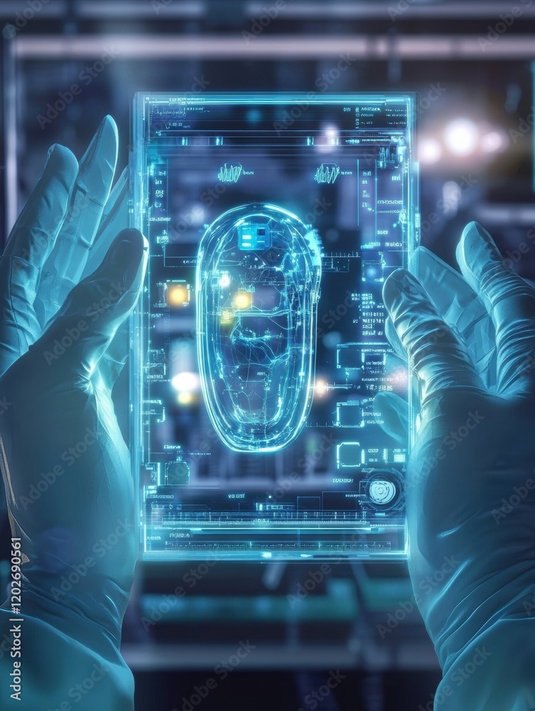 Poster high tech display showing a digital interface in a laboratory setting while a researcher analyzes da