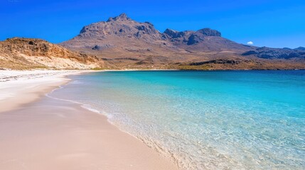 Secluded beach, turquoise water, mountains backdrop, sunny day; ideal for travel brochures