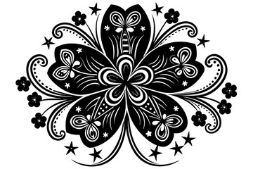 A tulip in full bloom, with swirling flower-themed graphics around it, t-shirt design vector graphics, contour, white background. 