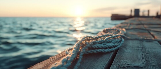 Obraz premium A worn rope lies along a sunlit pier, casting a golden glow over rippling waters and a radiant sunset.
