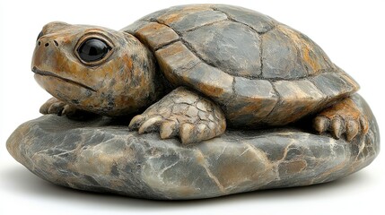 A detailed sculpture of a turtle resting on a rock, showcasing artistic craftsmanship.