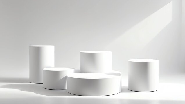 Empty podium or pedestal display on white background with cylinder stand concept. Blank product shelf standing backdrop. 3D rendering