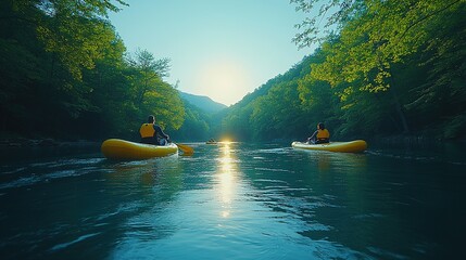 Two kayakers paddle on a serene river surrounded by lush greenery, enjoying a tranquil outdoor adventure.