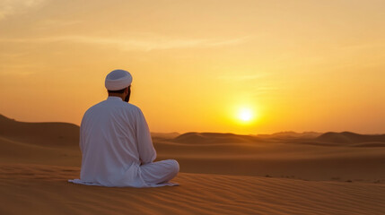 spiritual man in traditional attire sits peacefully in desert at sunset, reflecting on life as sun sets over dunes