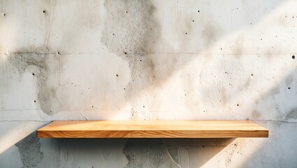Empty wood board shelf at concrete wall background,Mock up for display or montage of product or design 
