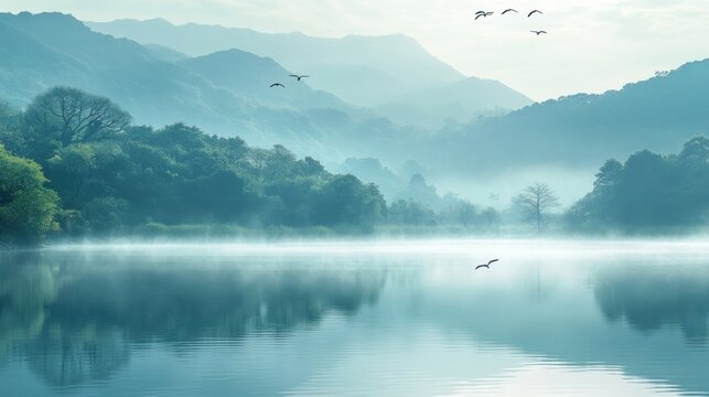 Misty mountain lake landscape with birds in flight, serene morning scene
