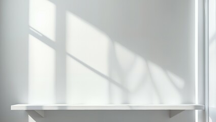 Front view of empty shelf on white table showcase and wall background with natural window light. Display of backdrop shelves for showing minimal concept. Realistic