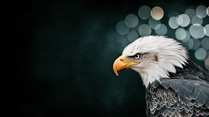 Fototapeta premium A close-up of a bald eagle on a black background with a blurry boke and lights in the background