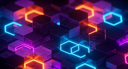 Obraz premium Abstract Neon Hexagon Pattern Vibrant 3D Cubes with Glowing Edges and Geometric Design