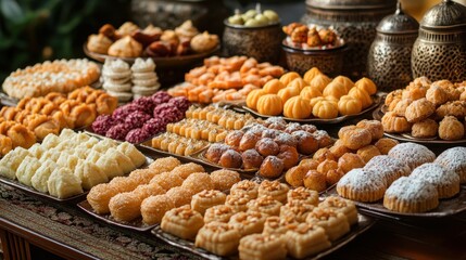 Assorted Pastries Displayed on a Decorative Table with Elegant Presentation