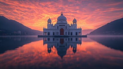 Obraz premium Sunrise over lake temple, mountain mist, reflection
