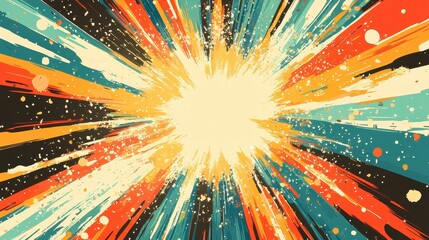 Abstract burst of colorful paint strokes, splatters and bright center. Ideal for energetic designs, backgrounds, or to convey explosion, energy, or excitement.