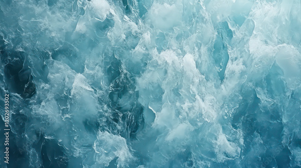 Aufkleber close-up of glacial ice, showing texture and color variations in shades of blue and white.