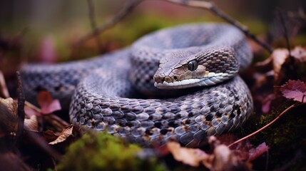 Fototapeta premium A close-up image of a snake lying on the ground among leaves, with a tree branch visible behind it