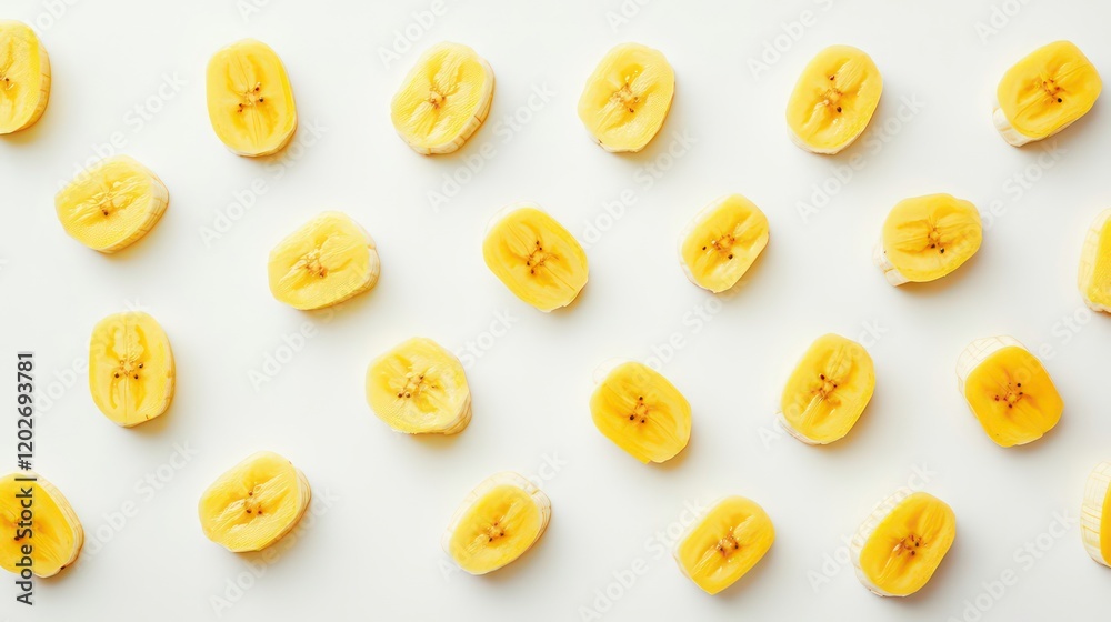 Poster Sliced bananas arranged in a repeating pattern on a white background.