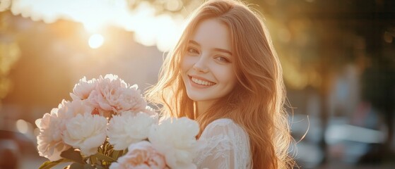 Naklejka premium A woman exudes joy, surrounded by an abundance of light pink peonies, illuminated by the sun's gentle embrace, radiating happiness and warmth.
