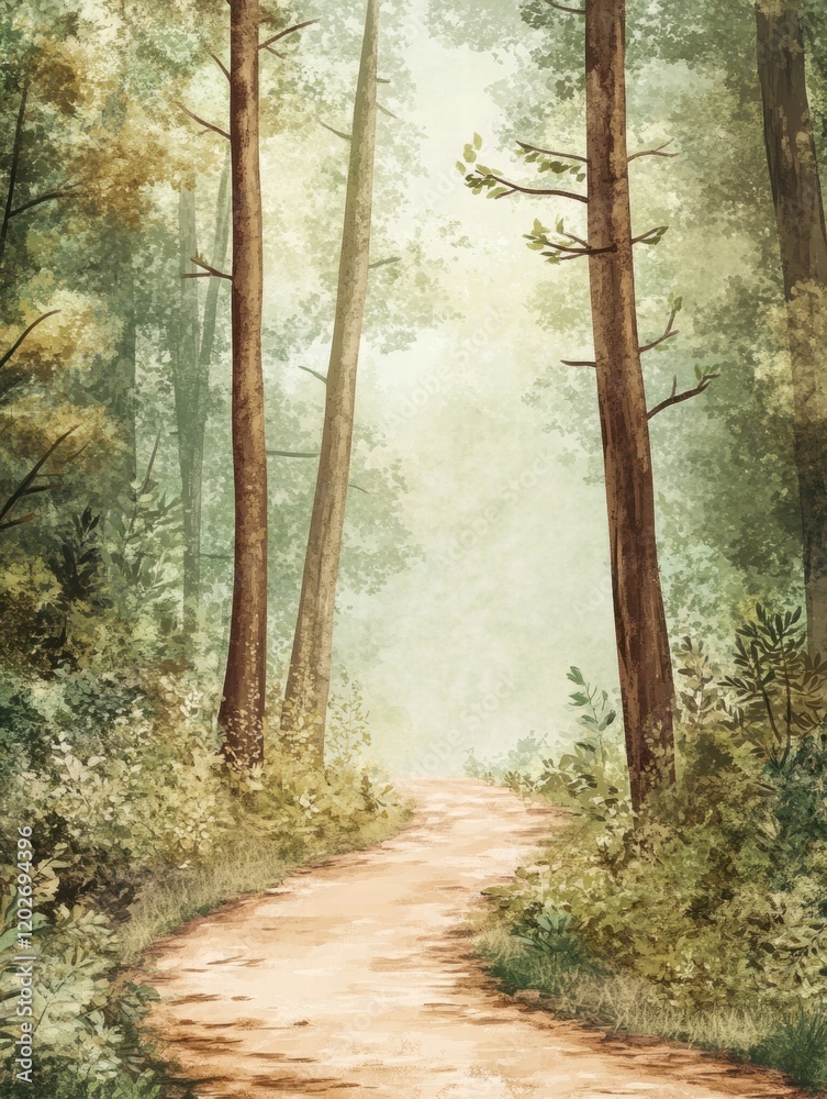 Poster winding forest trail surrounded by tall trees in a serene nature landscape. generative ai