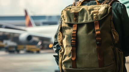 A Close-Up of a Traveler with a Backpack Standing Near an Airport Gate with Abstract Background Elements for Travel-Themed Visuals
