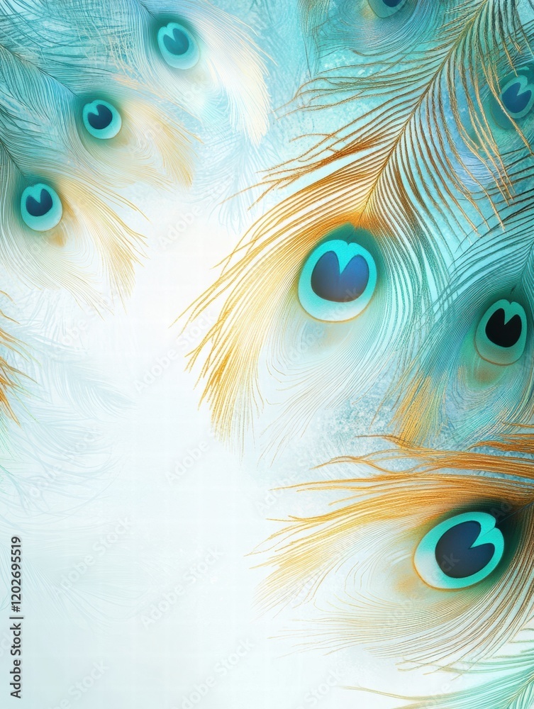 Aufkleber Vibrant peacock feathers showcasing intricate patterns in soft light against a gentle background. Generative AI