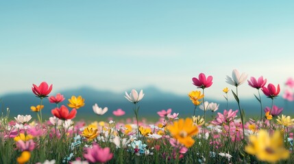 Obraz premium A vibrant field of colorful flowers under a clear blue sky, set against a distant mountain backdrop, creating a serene and picturesque landscape.