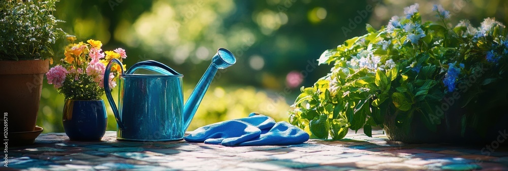 Aufkleber colorful watering can and flowers on a garden table during a sunny afternoon in a backyard. generati