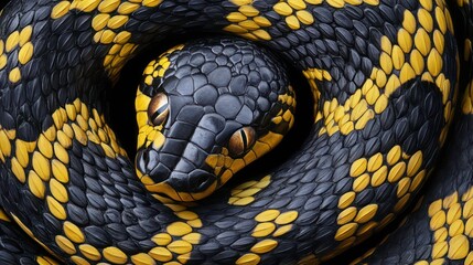 Obraz premium Close-up of a coiled snake with black and yellow scales.