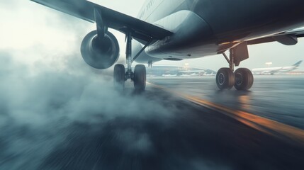 Close-Up Side View of Airplane Wheels Touching Runway with Smoke and Motion Blur, Emphasizing Speed and Landing Action in Gigapixel Detail