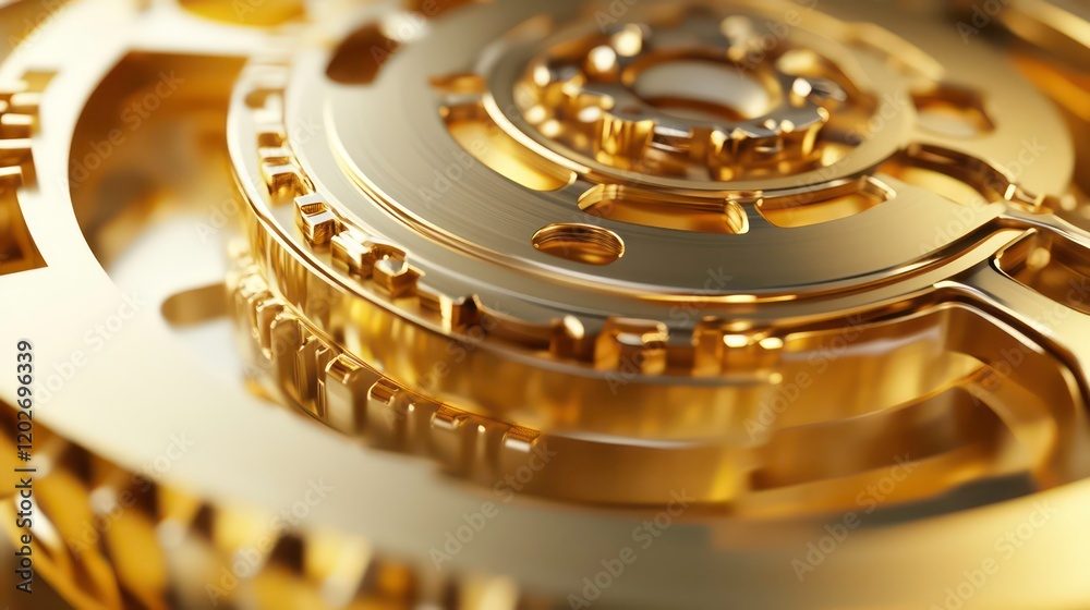 Aufkleber close-up of intricate golden gears, showcasing precision engineering and complex mechanism.