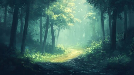 Obraz premium Serene Forest Path Enveloped In Misty Green Light