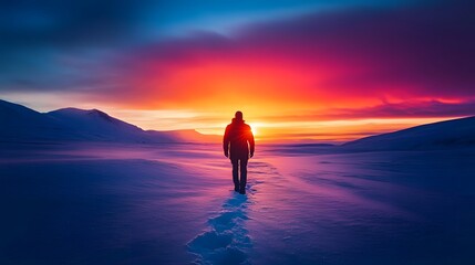 Fototapeta premium Solitary Figure Walking Towards a Vibrant Sunset Over Snowy Mountains