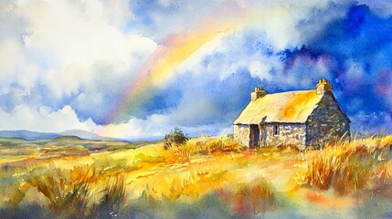 A tranquil display of the Irish countryside features a small stone cottage beneath a brilliant rainbow,surrounded by lush fields and distant hills,st patrick's day mood,copy space