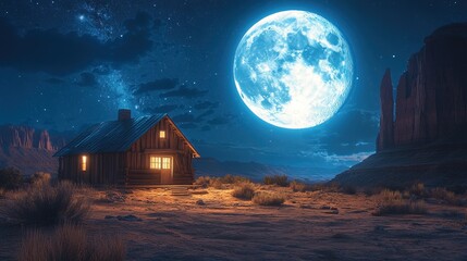 A serene night scene featuring a cozy cabin illuminated by a large moon and surrounding landscape.