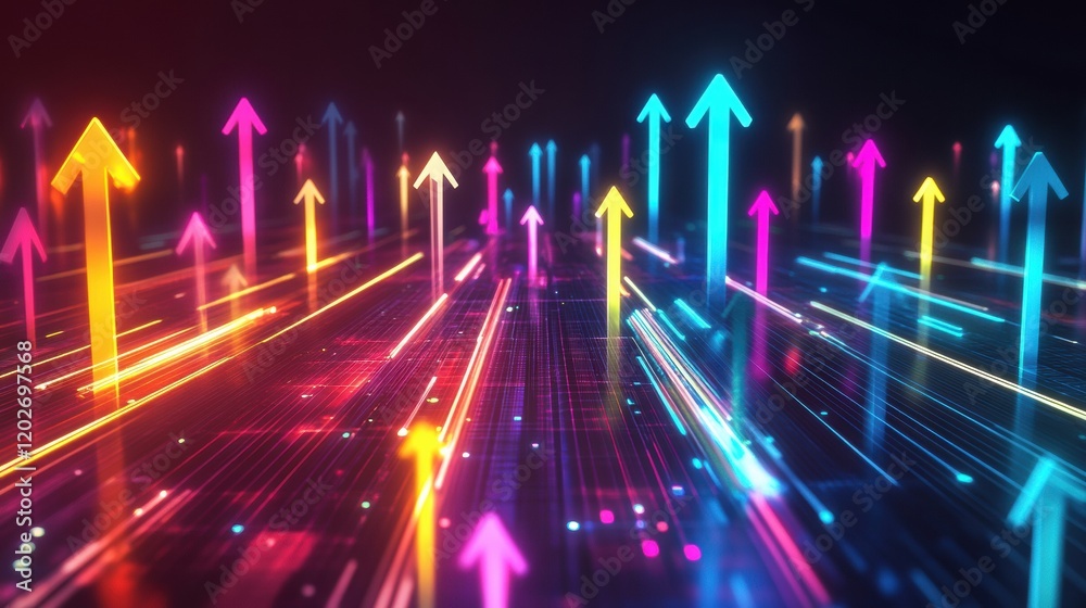 Poster Colorful arrows and light streaks create a dynamic digital landscape with vibrant movement and energetic flow. Generative AI