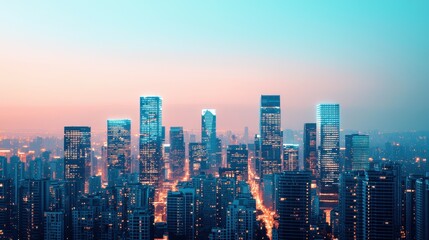 Obraz premium A stunning city skyline at dusk, showcasing skyscrapers illuminated against a gradient of blue and orange hues.
