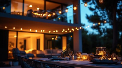 A beautifully set outdoor dining area illuminated by warm lights, perfect for an evening gathering.