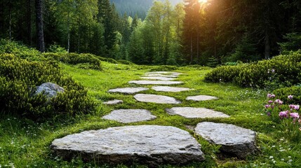 Stone path through lush forest at sunset; nature, tranquility, journey