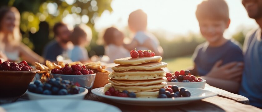 A family enjoys a joyful outdoor breakfast, with pancakes topped with berries, surrounded by sunlight and laughter.