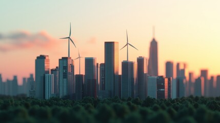 Fototapeta premium A futuristic city skyline featuring wind turbines surrounded by lush greenery at sunset, symbolizing sustainability and eco-friendly urban development.