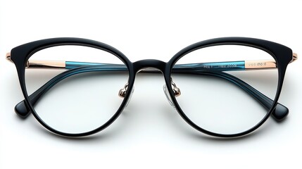 A pair of stylish black cat-eye glasses with blue accents, designed for vision correction.