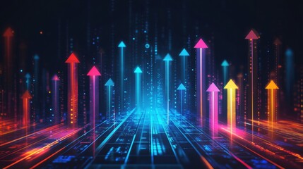 Vibrant digital arrows rise from a matrix pattern depicting growth and progress in technology and innovation. Generative AI