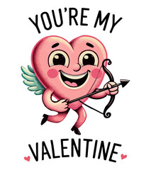Groovy happy cupid heart character in trendy retro cartoon style. Happy funny  hand drawn design element for Valentines Day with "Youre my Valentine" quote. Love concept. Happy Valentines day.