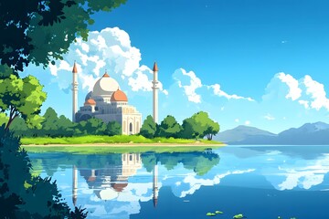 ilustration mosque at sunset in lake