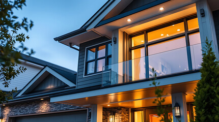 Obraz premium Luxury Modern Home Exterior at Night: Architectural Design and Real Estate Photography