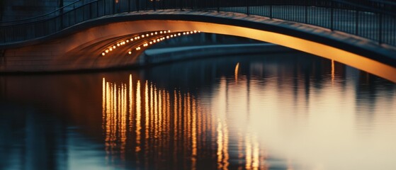 Obraz premium A gently arching bridge glows under the evening lights, its reflection shimmering in the calm river below, creating an enchanting night scene.