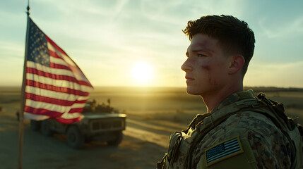 Fototapeta premium Cinematic still of a soldier standing in front of an American flag, shot on an Arri Alexa with light color grading, with the sun shining behind the camera. 