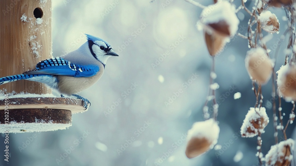 Wall mural   A Blue Jay perches on a snow-covered tree filled with Snowflakes & Nuts